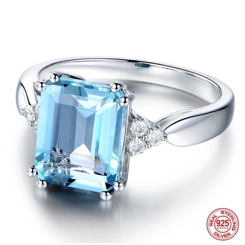 ❤️062❤️ 925 Sterling Silver Aquamarine Gemstone‎ Diamond Ring